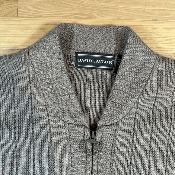 Vintage David Taylor Full Zip Cardigan 90s Beige Knit Grandpa Sweater - Size L - Picture 3 of 5